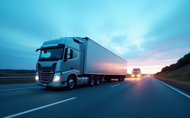 LKW fährt auf Autobahn in der Dämmerung, symbolisiert schnelle 48-Stunden-Lieferung
